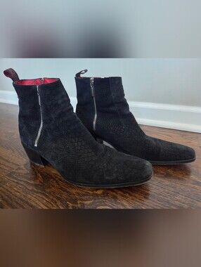 Jeffery‎ West "Muse" Mens Black Suede Snakeskin Texture Ankle Boots Side Zips